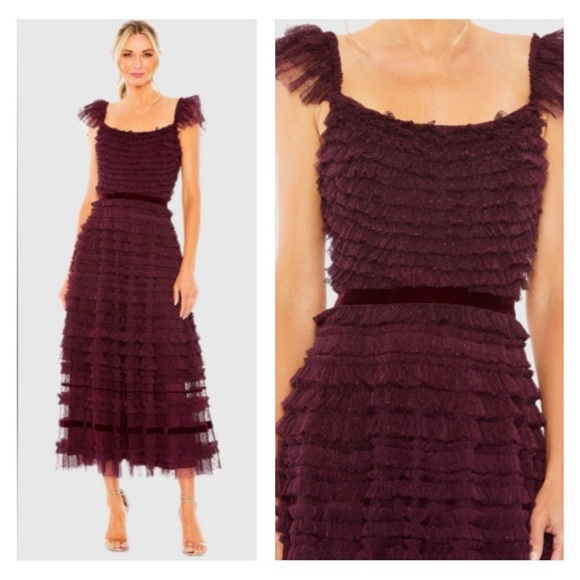 MAC DUGGAL 8054 NWT Ruffle Cap Sleeve Tiered Midi Dress - Picture 1 of 10